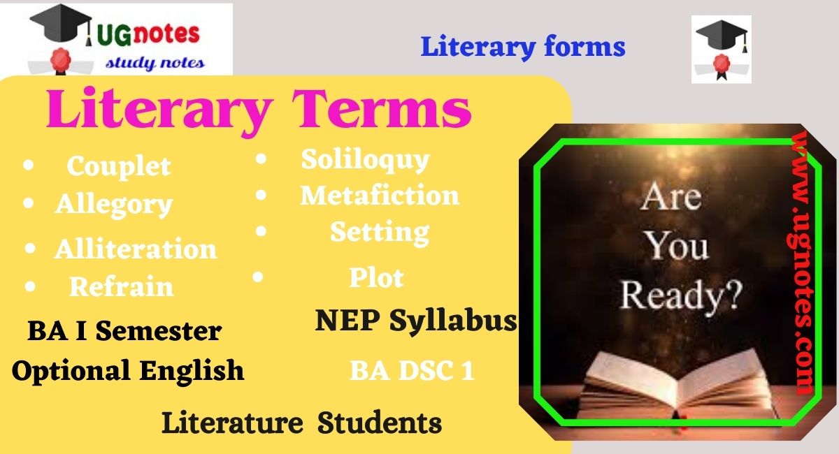 Literary Terms couplet Allegory Alliteration Refrain Metafiction Soliloquy Plot character setting Narrative techniques